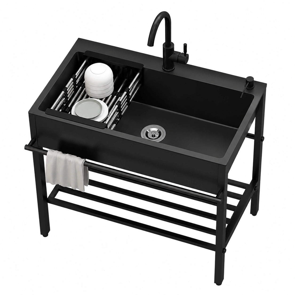 Lavello da Cucina Nero in Acciaio Inox con Vasca e Scolapiatti, 60x45x86cm, Rubinetto Incluso, Adatto per Uso Interno ed Esterno