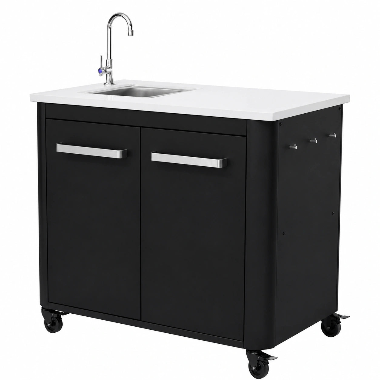 Cucina da esterno Cozze 90: lavello e rubinetto in acciaio inox, modulo BBQ con vano, supporto rifiuti, ganci e ruote, 100 kg di capacità