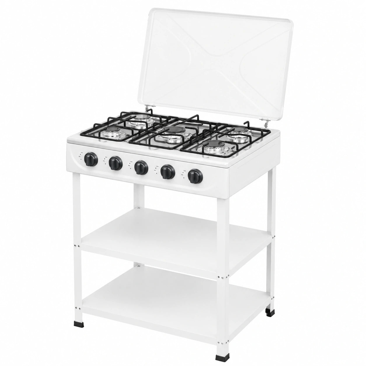 Cucina a Gas 5 Fuochi Autonomo per Campeggio con Ripiani, Bianco
