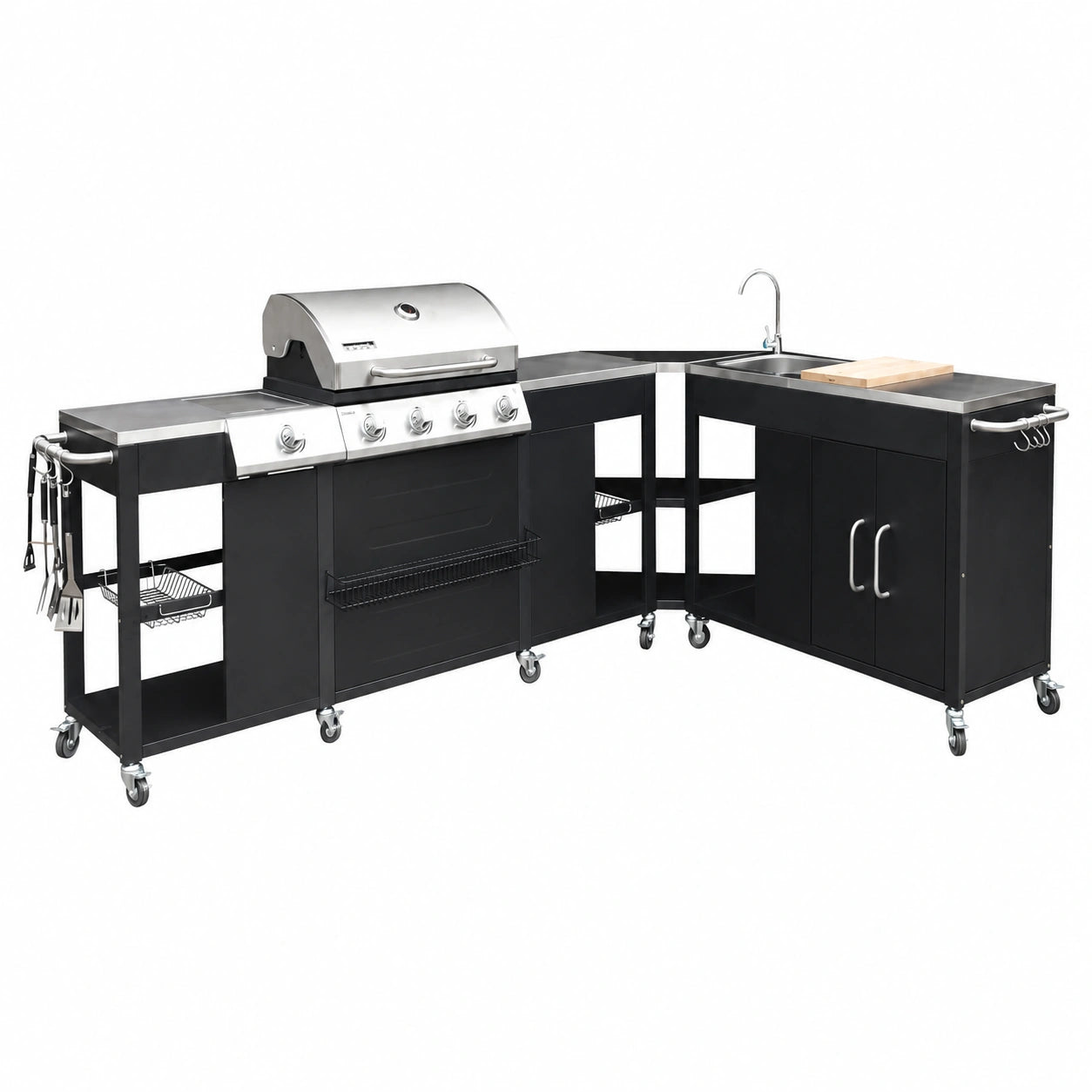 Cucina per Esterno con Barbecue a 4 Fuochi, Lavello e Porta Utensili, Modello Rochefort, Nero