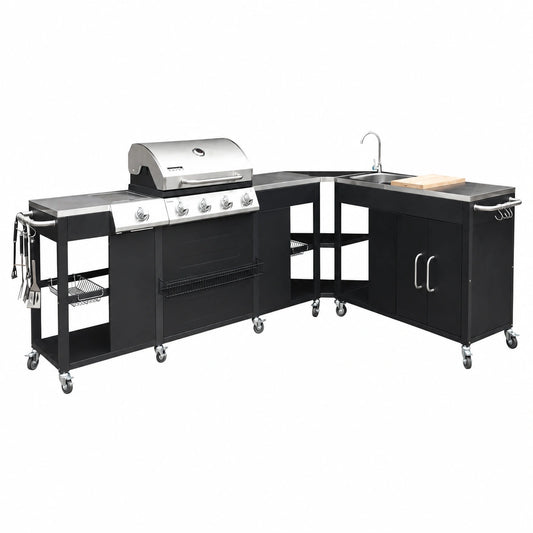 Cucina per Esterno con Barbecue a 4 Fuochi, Lavello e Porta Utensili, Modello Rochefort, Nero