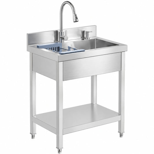 Lavello Professionale in Acciaio Inox con Rubinetto Estraibile a 3 Funzioni e Scolapiatti, 70x50x80 cm