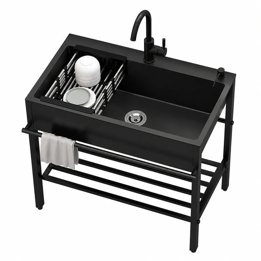Lavello da Cucina Nero in Acciaio Inox con Vasca e Scolapiatti, 60x45x86cm, Rubinetto Incluso, Adatto per Uso Interno ed Esterno