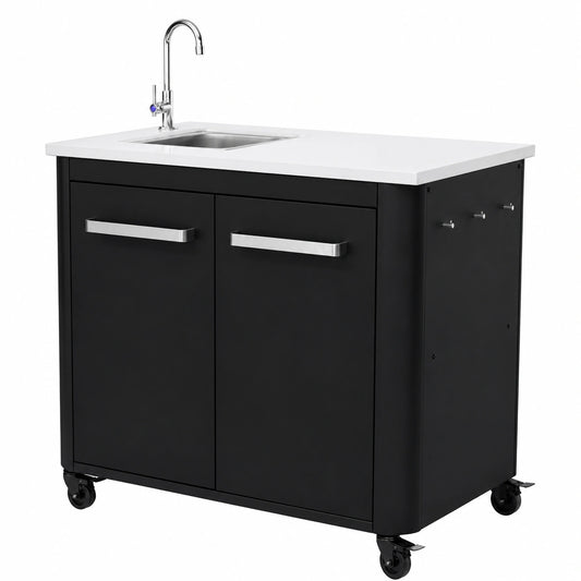Cucina da esterno Cozze 90: lavello e rubinetto in acciaio inox, modulo BBQ con vano, supporto rifiuti, ganci e ruote, 100 kg di capacità