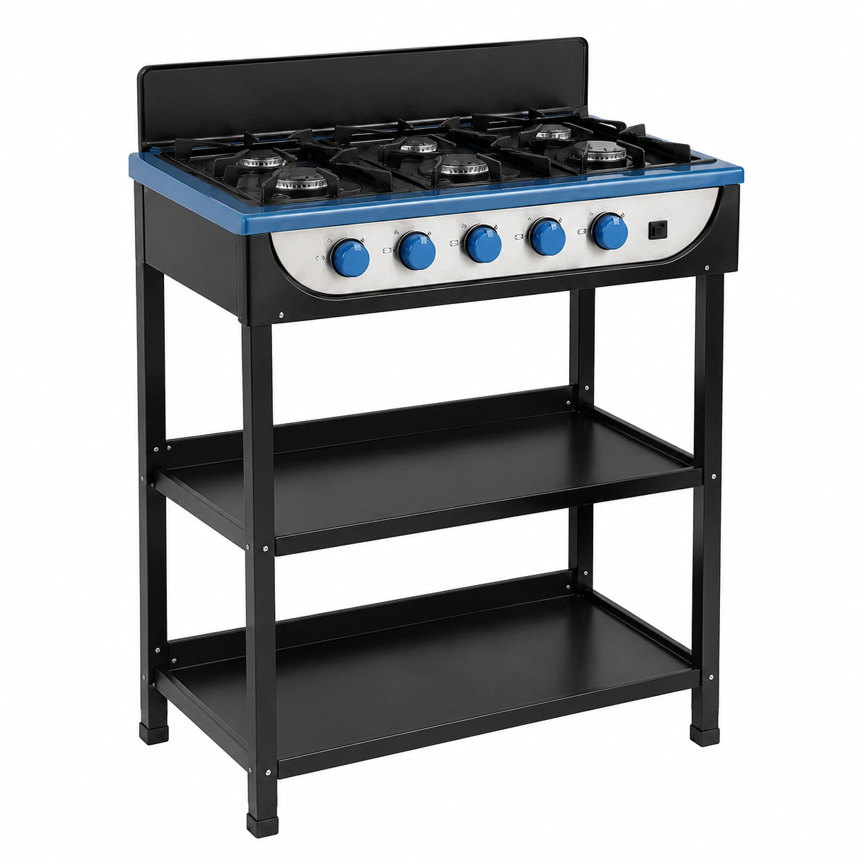 Cucina a Gas GPL Portatile 5 Fuochi con Paravento e Ripiani, Robusta e Antiscivolo, per Giardino e Campeggio