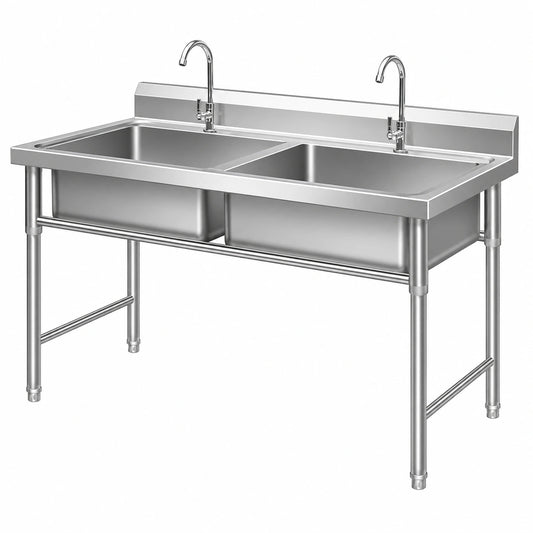 Lavello Professionale in Acciaio Inox a Doppia Vasca con Filtro, Kit Scarico per Cucina, Garage e Ristoranti