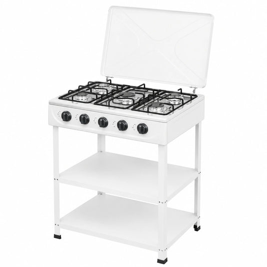 Cucina a Gas 5 Fuochi Autonomo per Campeggio con Ripiani, Bianco