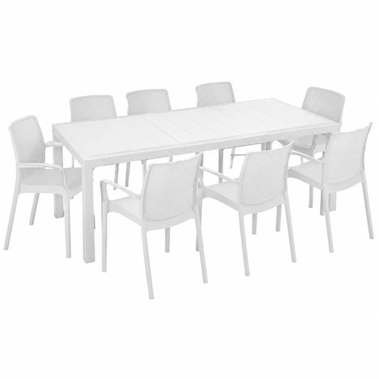 Set da Giardino Dmora Manarola, Tavolo Allungabile con 8 Sedie con Braccioli, Bianco, Made in Italy