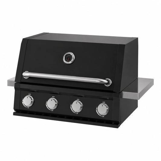 Grill a Gas GPL da Incasso 4 Fuochi 14 kW in Acciaio Inossidabile con Griglie in Ghisa e Coperchio per Esterni (Nero)
