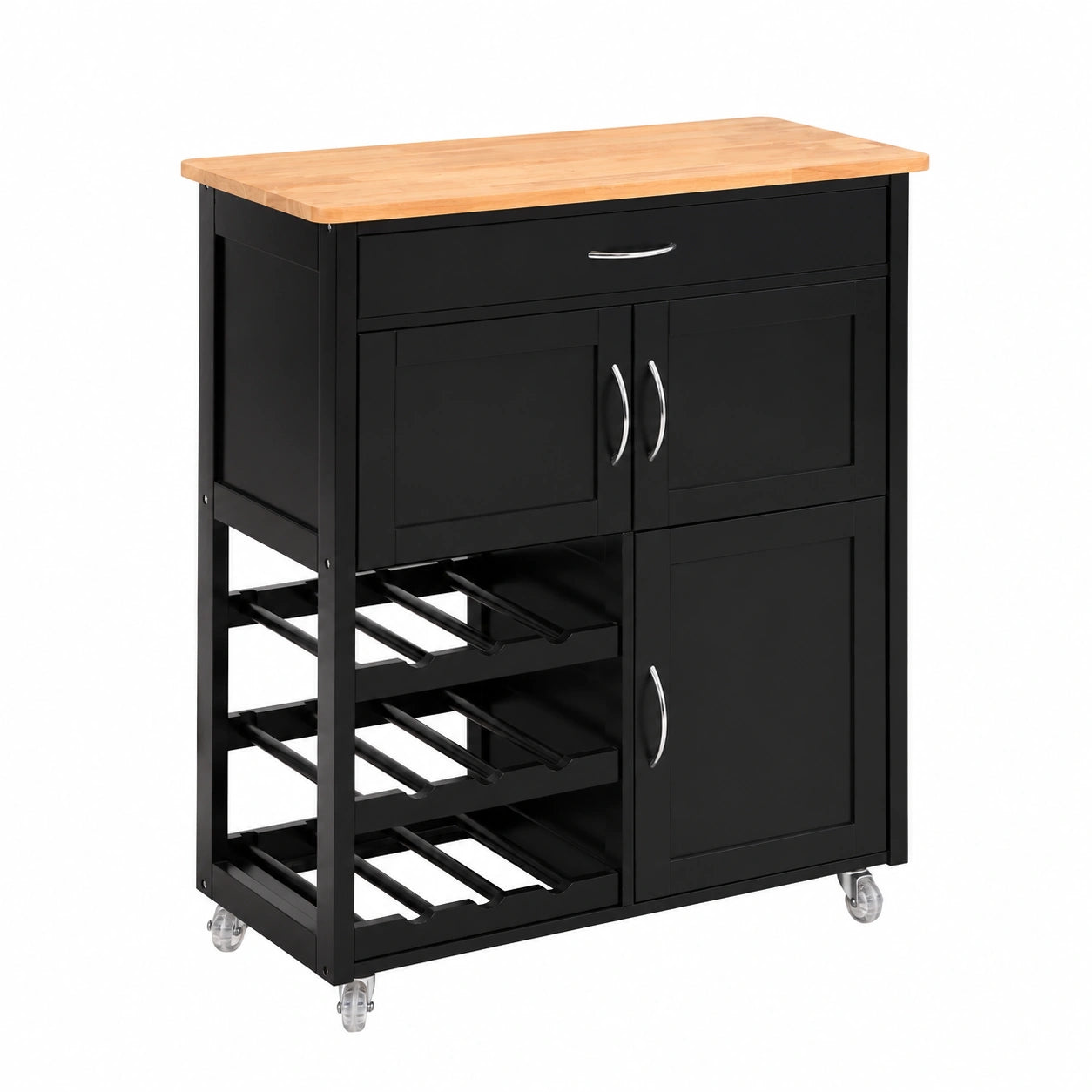 Carrello Cucina con Ruote e Portabottiglie, Mobiletto Salvaspazio in Legno di Gomma, Nero 67x38x87 cm