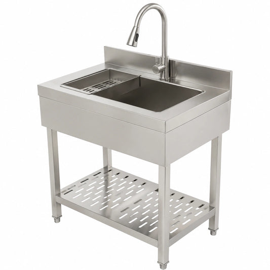 Lavello in acciaio inox da appoggio con piedistallo, singolo e rettangolare, per cucina, garage ed esterno, dimensioni 70x50x90cm
