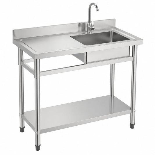 Lavello in Acciaio Inox 100x50x94 cm con Ripiano e Rubinetto, Ideale per Cucina, Garage e Esterni