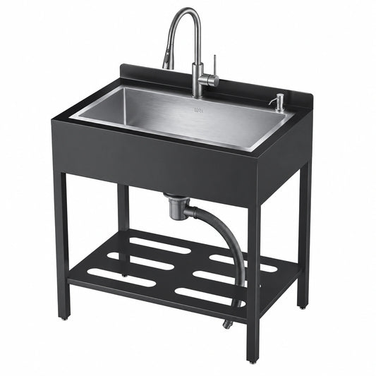 Lavabo autoportante in acciaio inox per esterni con sgocciolatoio e rubinetto a estrazione